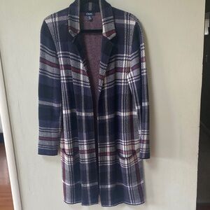 Chaps Women's Navy, red and white plaid knit long jacket